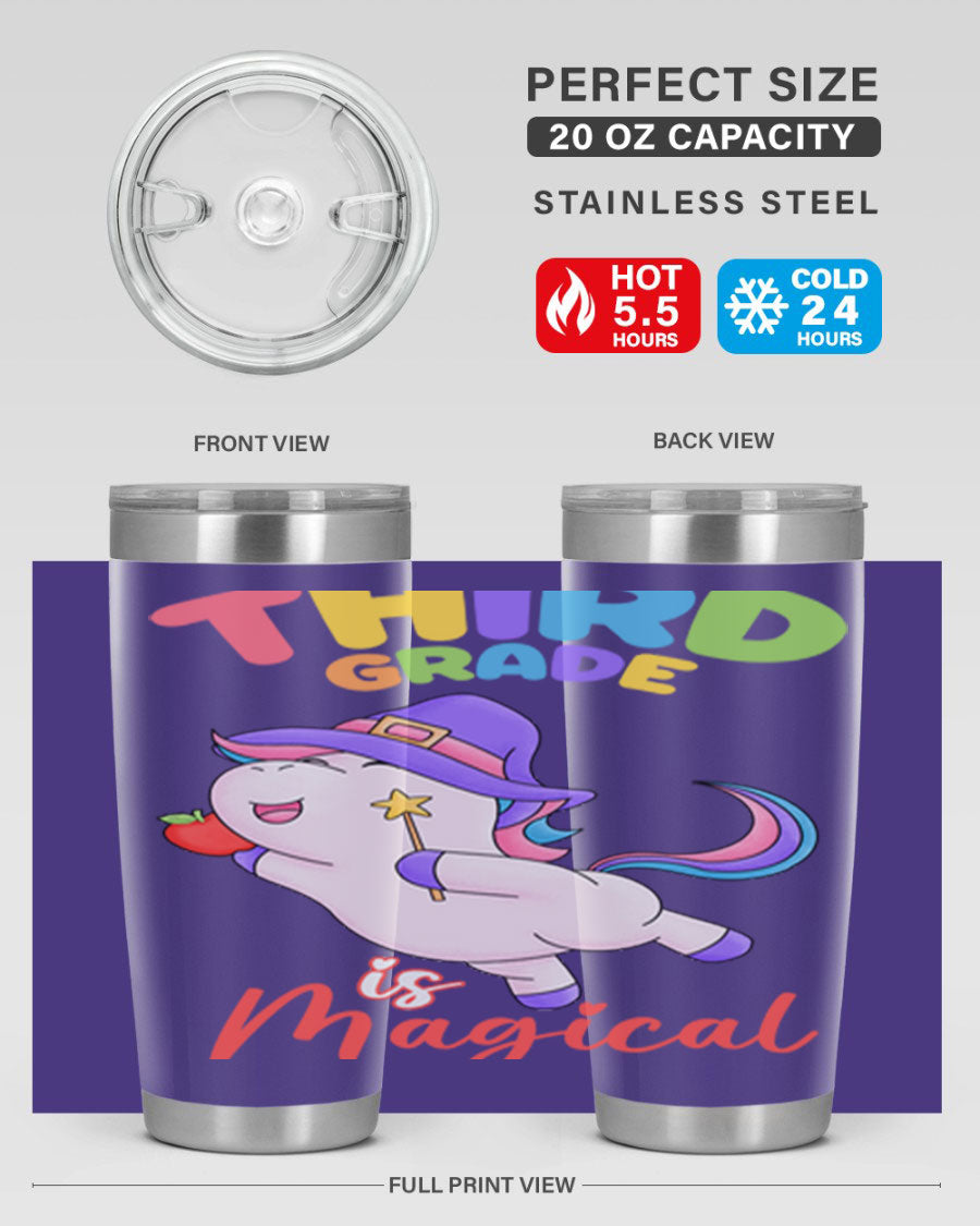 A colorful 20oz tumbler featuring a magical unicorn design, made of stainless steel with a drink-thru lid.