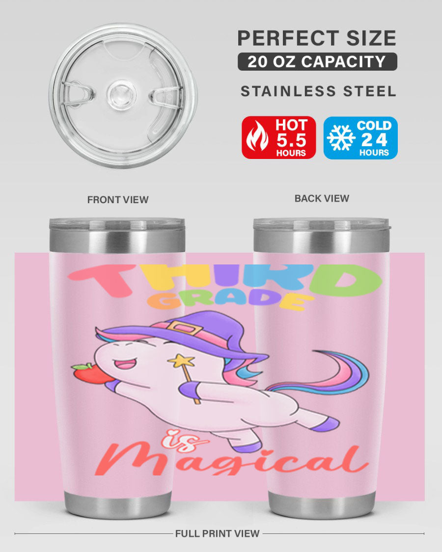 A colorful 20oz tumbler featuring a magical unicorn design, made of stainless steel with a drink-thru lid.