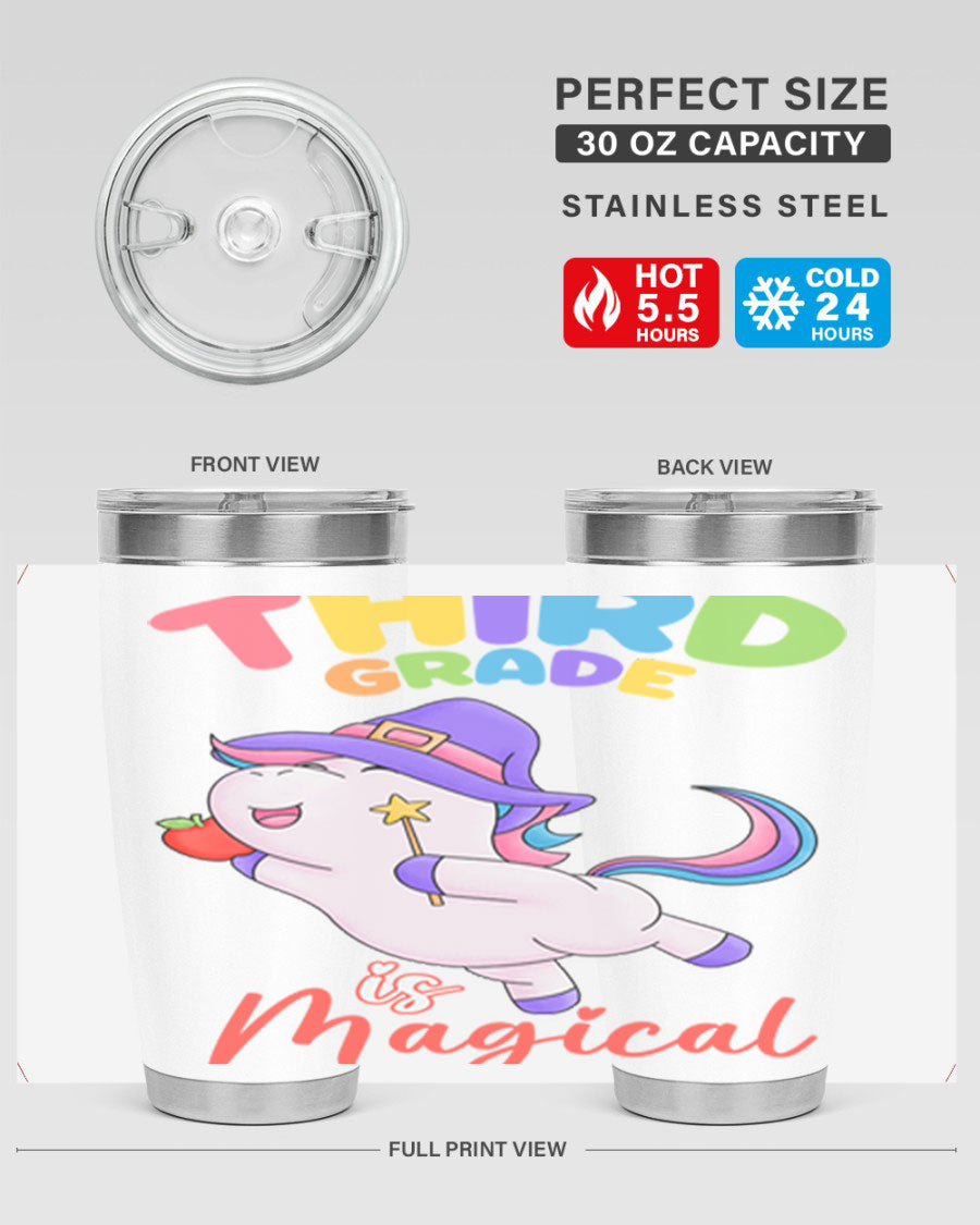 A colorful 20oz tumbler featuring a magical unicorn design, made of stainless steel with a drink-thru lid.