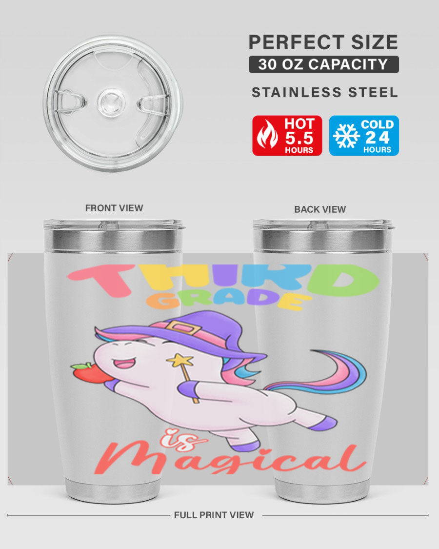A colorful 20oz tumbler featuring a magical unicorn design, made of stainless steel with a drink-thru lid.