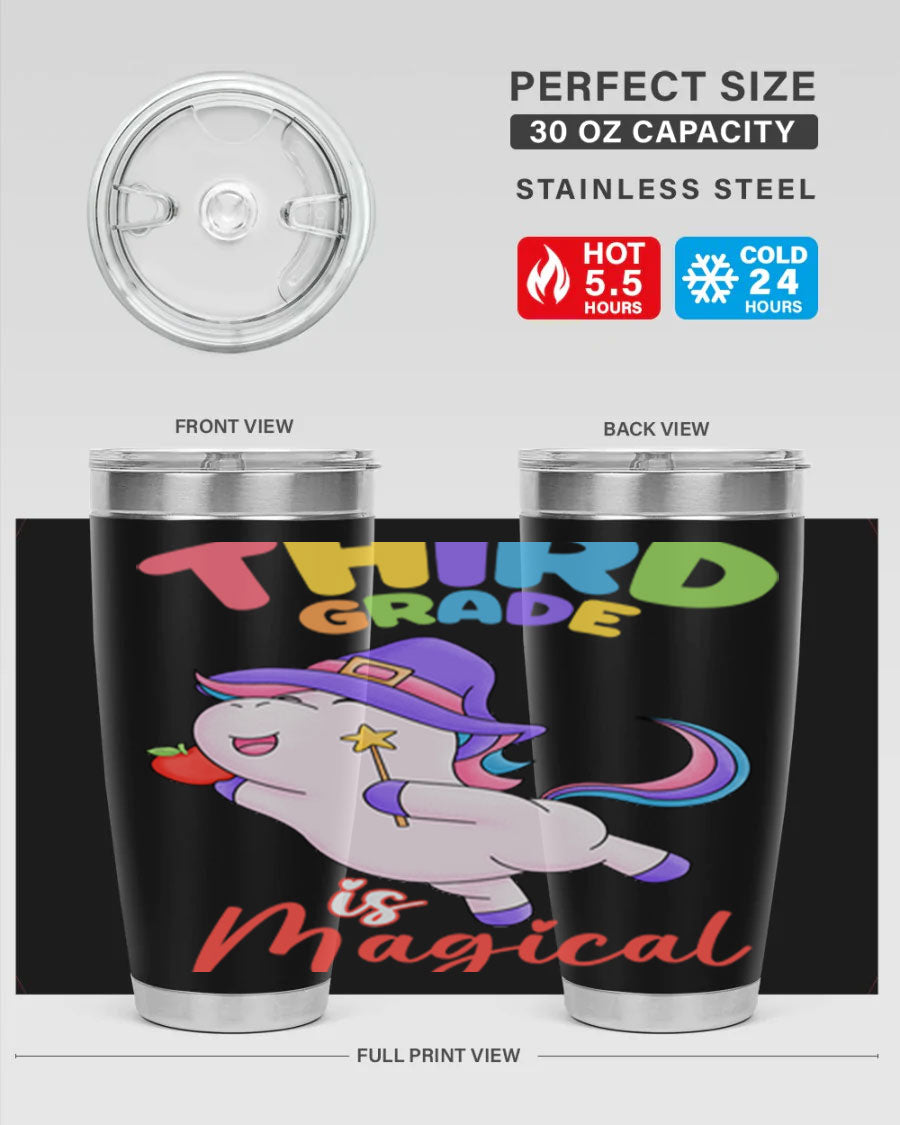 A colorful 20oz tumbler featuring a magical unicorn design, made of stainless steel with a drink-thru lid.