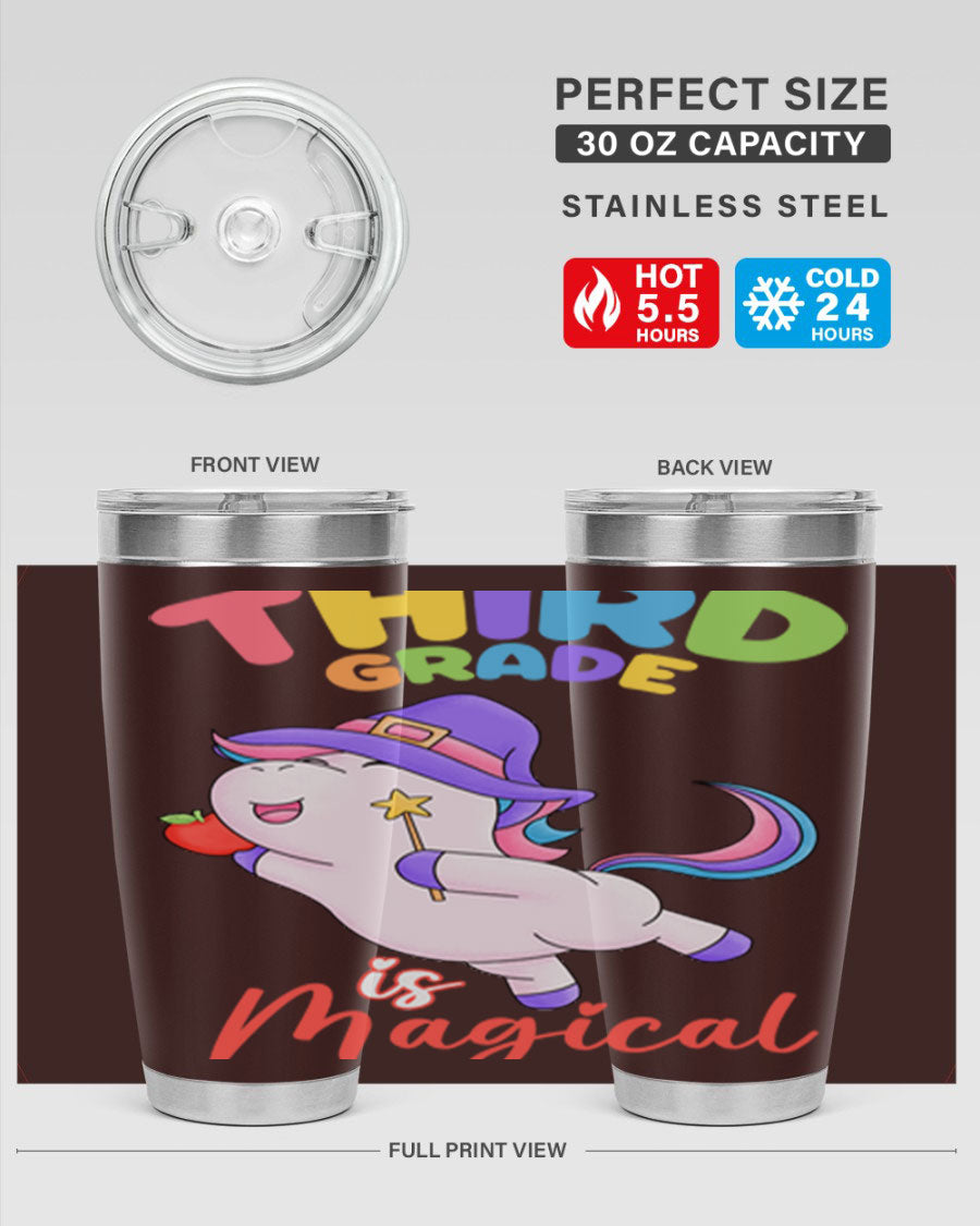 A colorful 20oz tumbler featuring a magical unicorn design, made of stainless steel with a drink-thru lid.