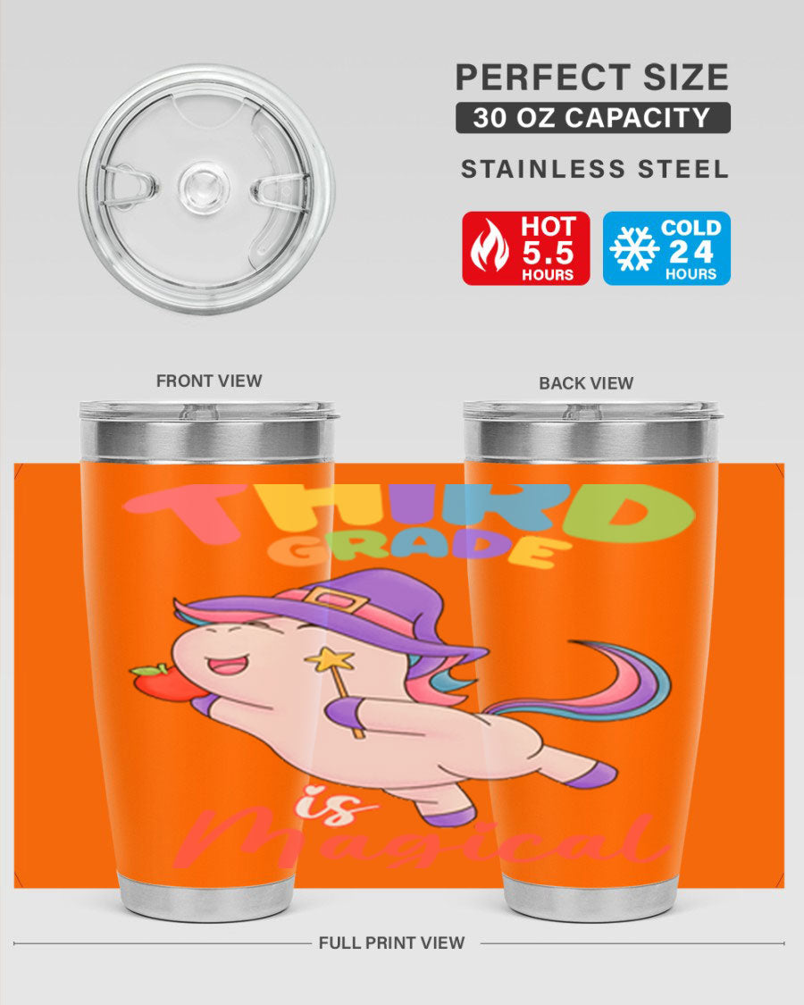 A colorful 20oz tumbler featuring a magical unicorn design, made of stainless steel with a drink-thru lid.