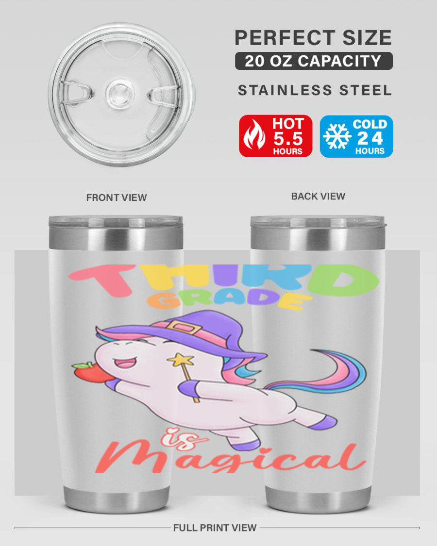 A colorful 20oz tumbler featuring a magical unicorn design, made of stainless steel with a drink-thru lid.