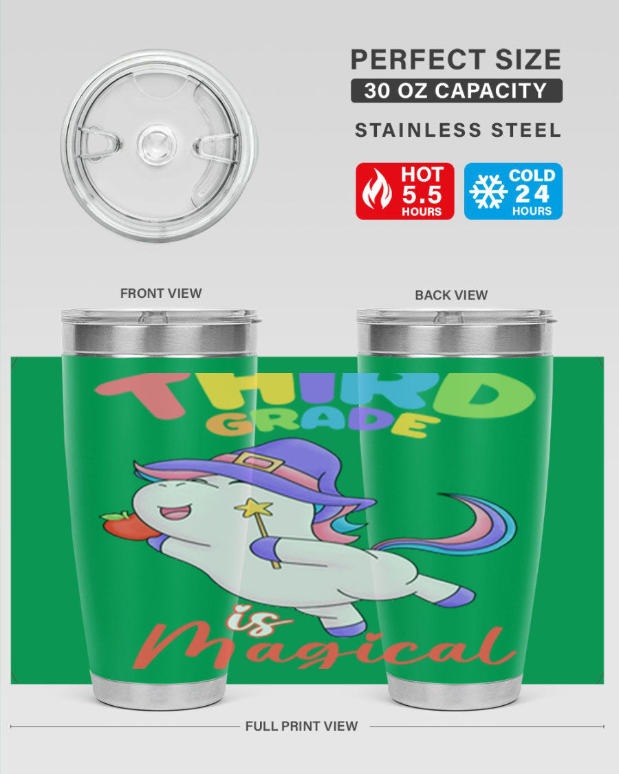 A colorful 20oz tumbler featuring a magical unicorn design, made of stainless steel with a drink-thru lid.