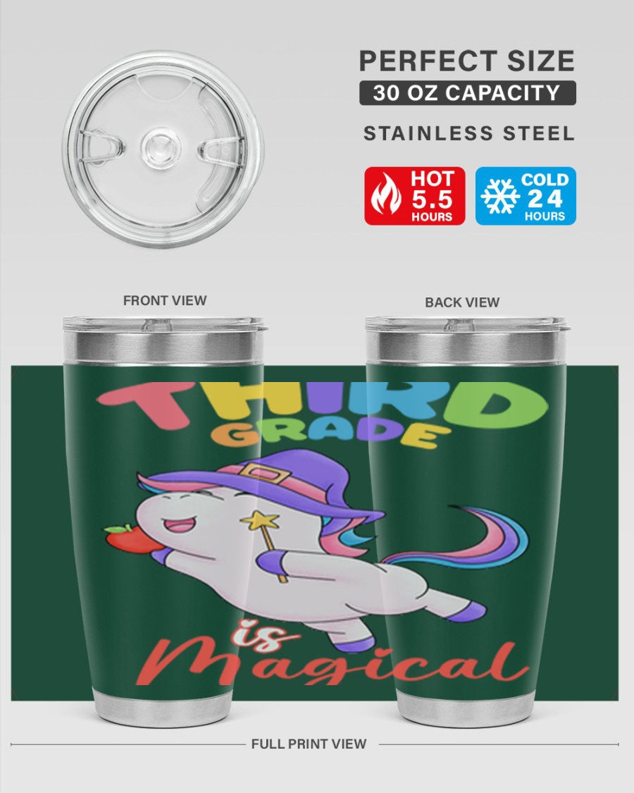 A colorful 20oz tumbler featuring a magical unicorn design, made of stainless steel with a drink-thru lid.