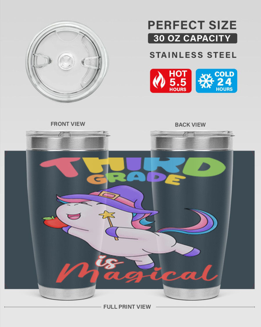A colorful 20oz tumbler featuring a magical unicorn design, made of stainless steel with a drink-thru lid.