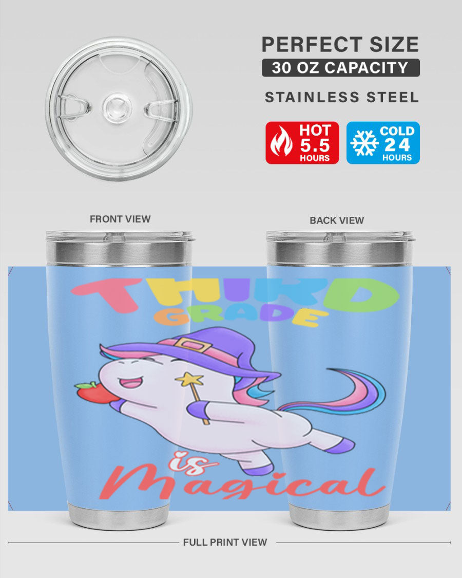 A colorful 20oz tumbler featuring a magical unicorn design, made of stainless steel with a drink-thru lid.