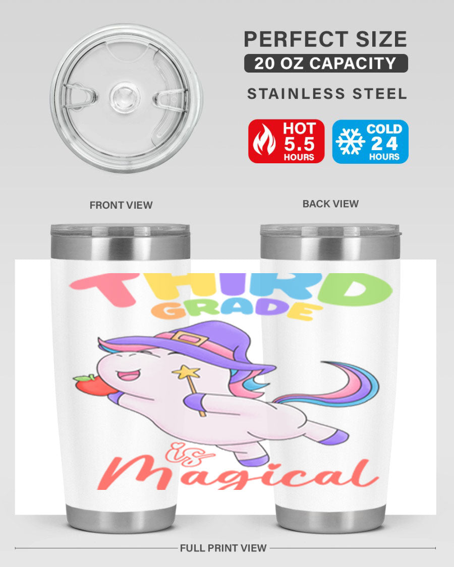 A colorful 20oz tumbler featuring a magical unicorn design, made of stainless steel with a drink-thru lid.