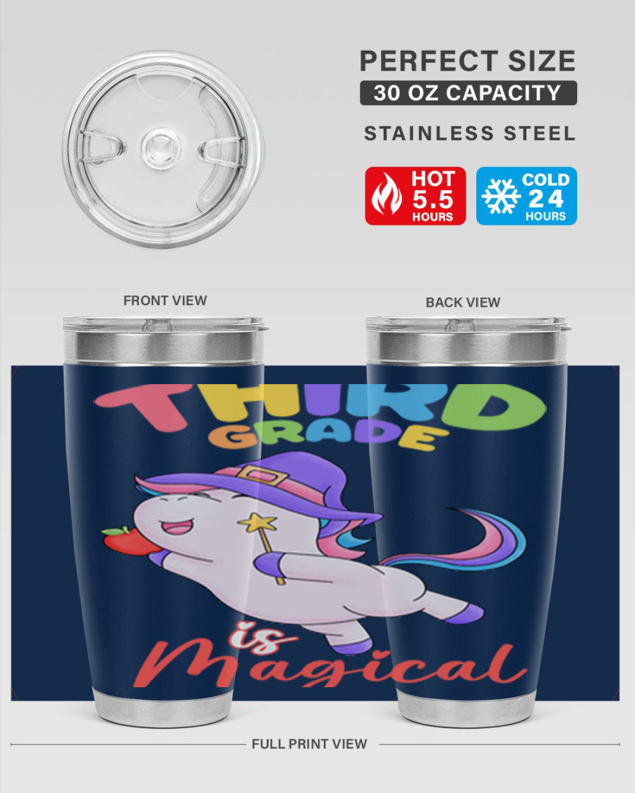 A colorful 20oz tumbler featuring a magical unicorn design, made of stainless steel with a drink-thru lid.