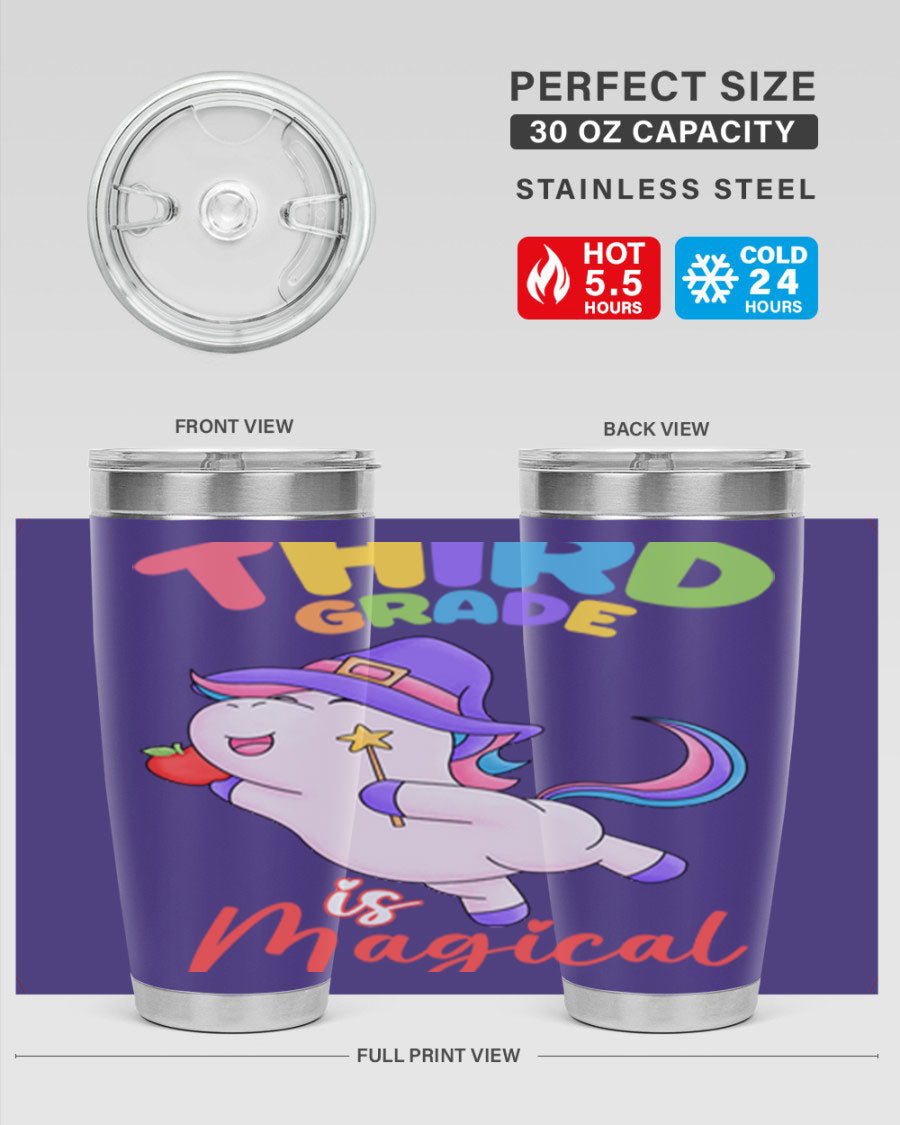 A colorful 20oz tumbler featuring a magical unicorn design, made of stainless steel with a drink-thru lid.