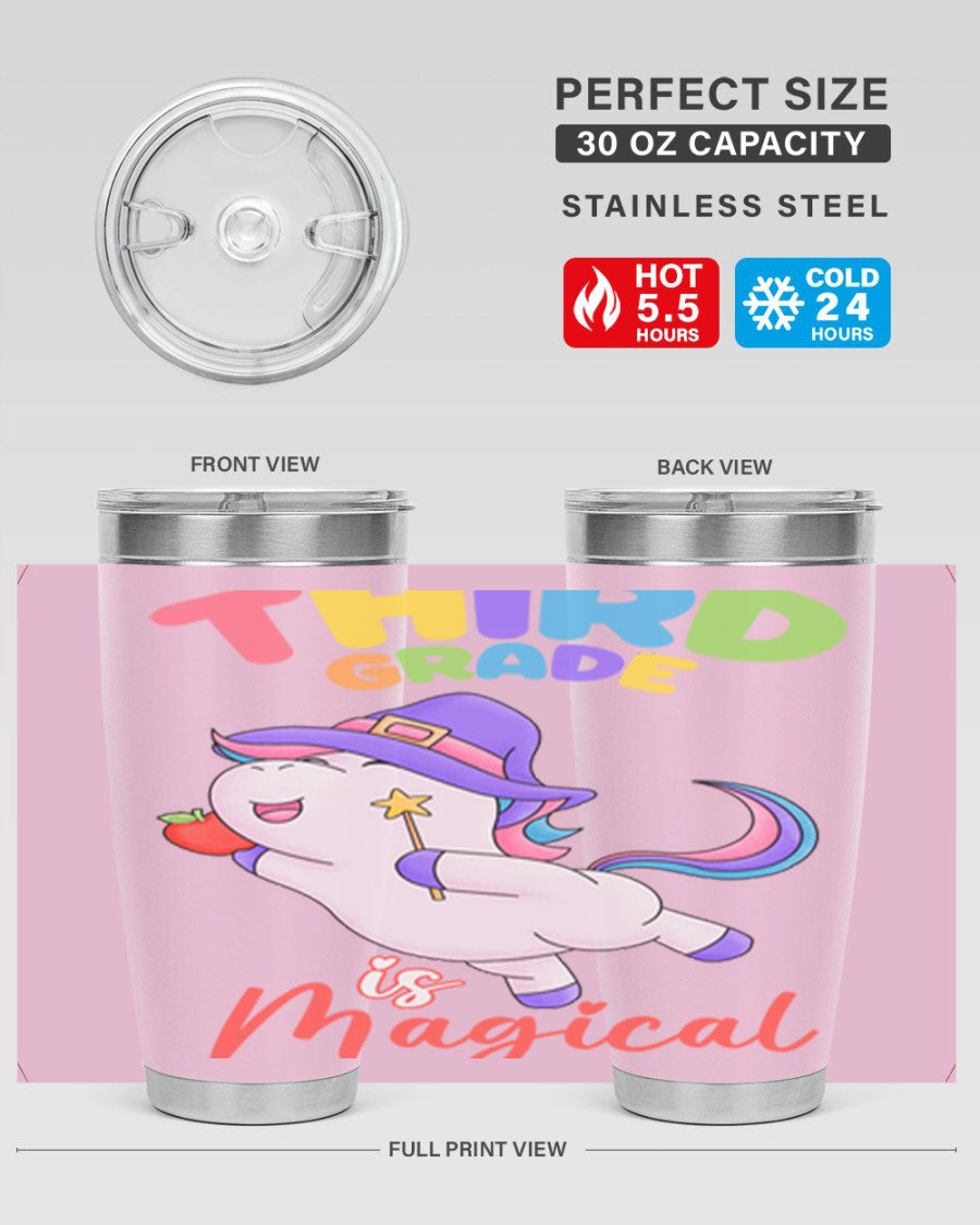 A colorful 20oz tumbler featuring a magical unicorn design, made of stainless steel with a drink-thru lid.