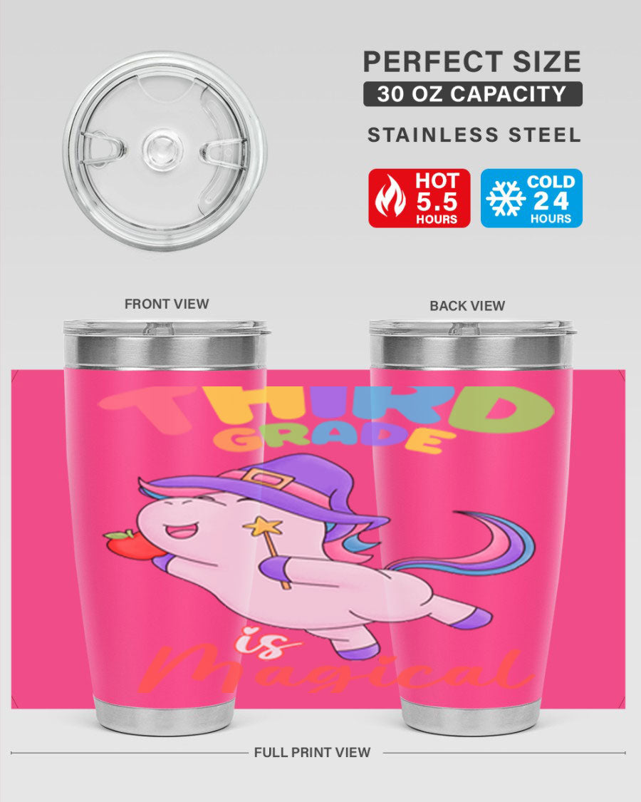 A colorful 20oz tumbler featuring a magical unicorn design, made of stainless steel with a drink-thru lid.