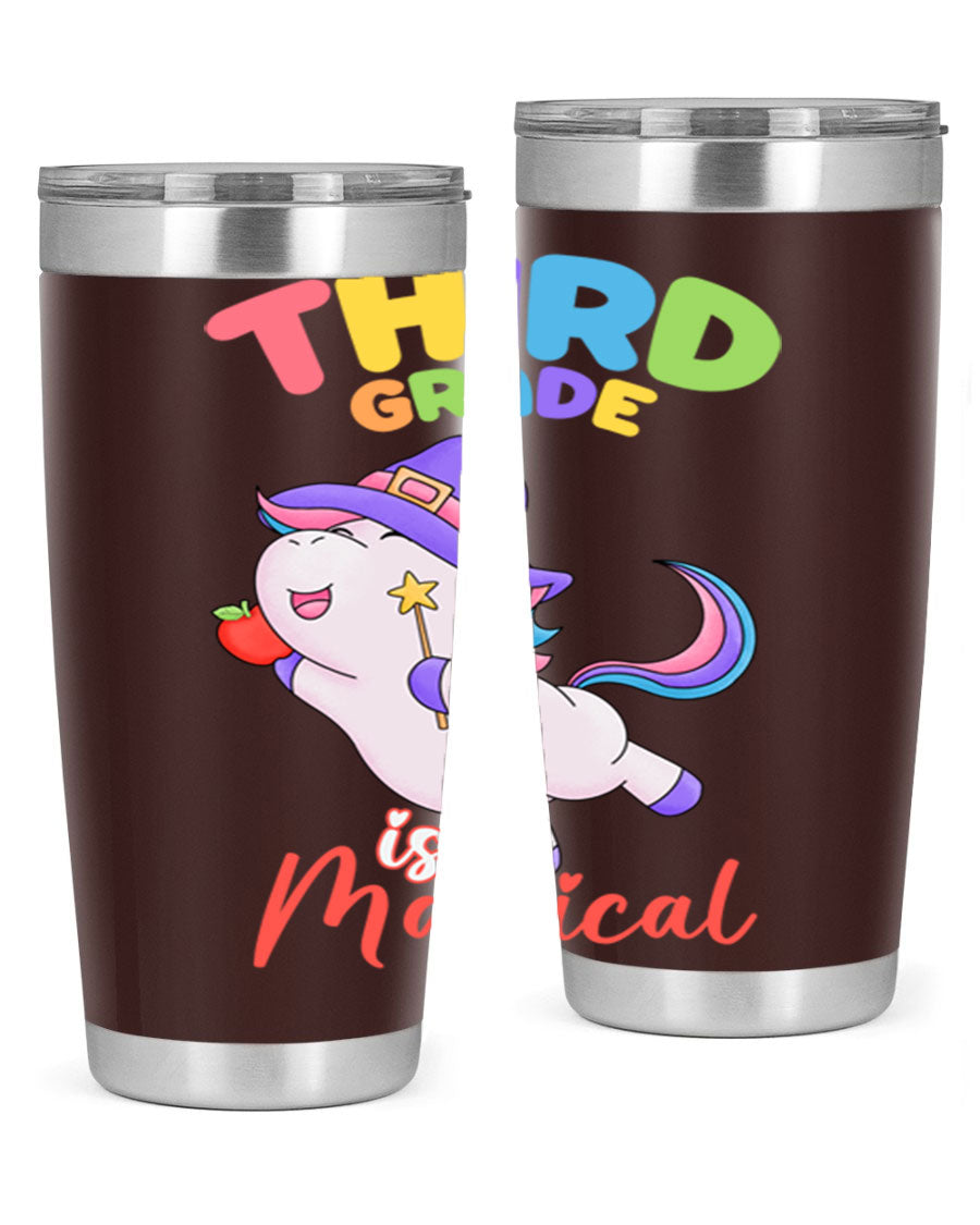 A colorful 20oz tumbler featuring a magical unicorn design, made of stainless steel with a drink-thru lid.