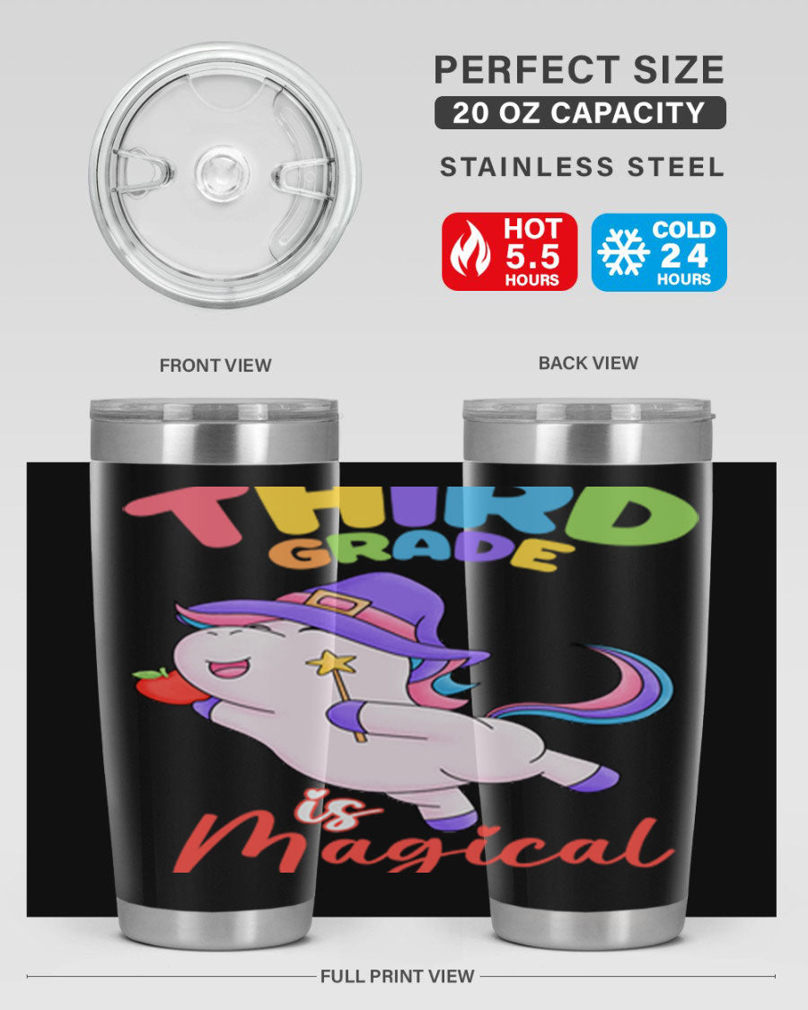 A colorful 20oz tumbler featuring a magical unicorn design, made of stainless steel with a drink-thru lid.