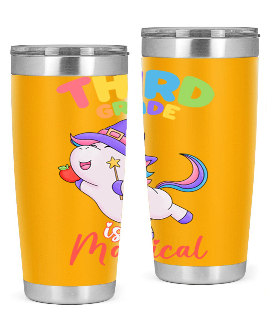 A colorful 20oz tumbler featuring a magical unicorn design, made of stainless steel with a drink-thru lid.