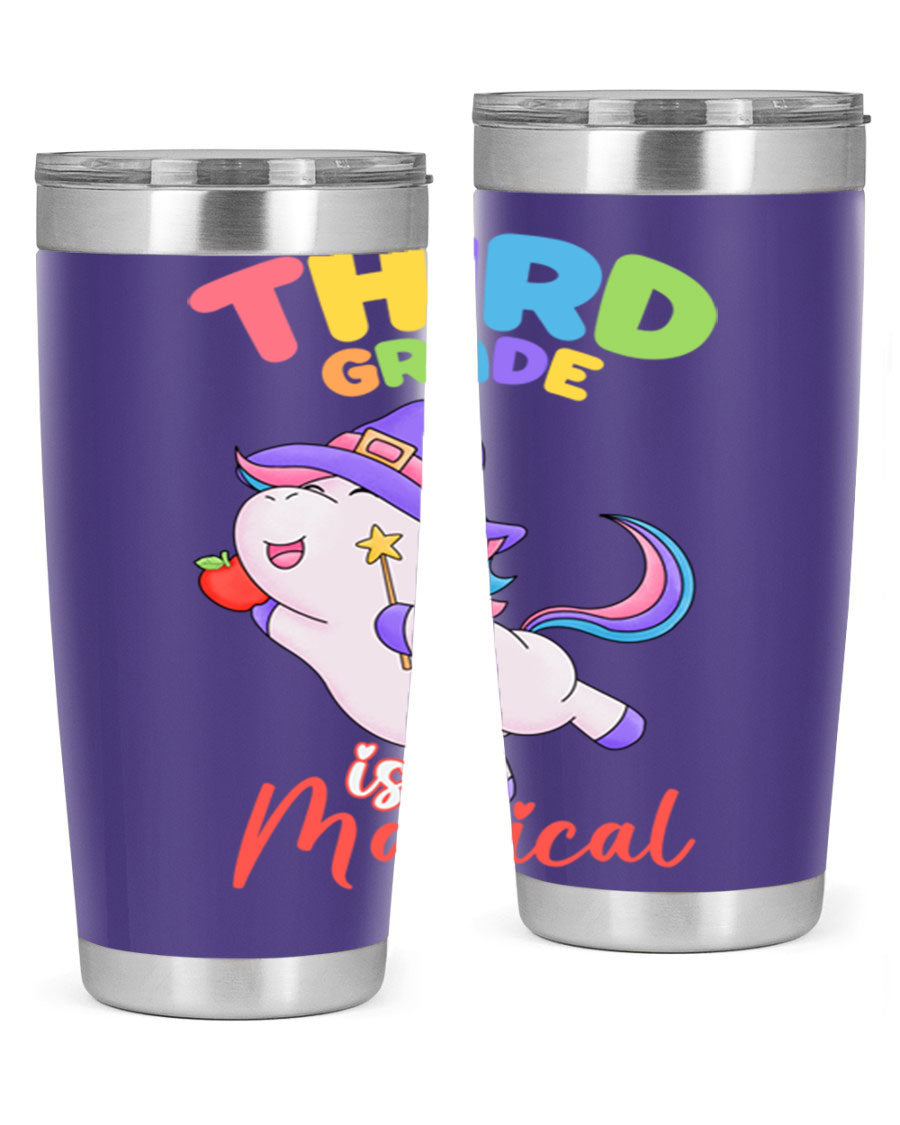 A colorful 20oz tumbler featuring a magical unicorn design, made of stainless steel with a drink-thru lid.