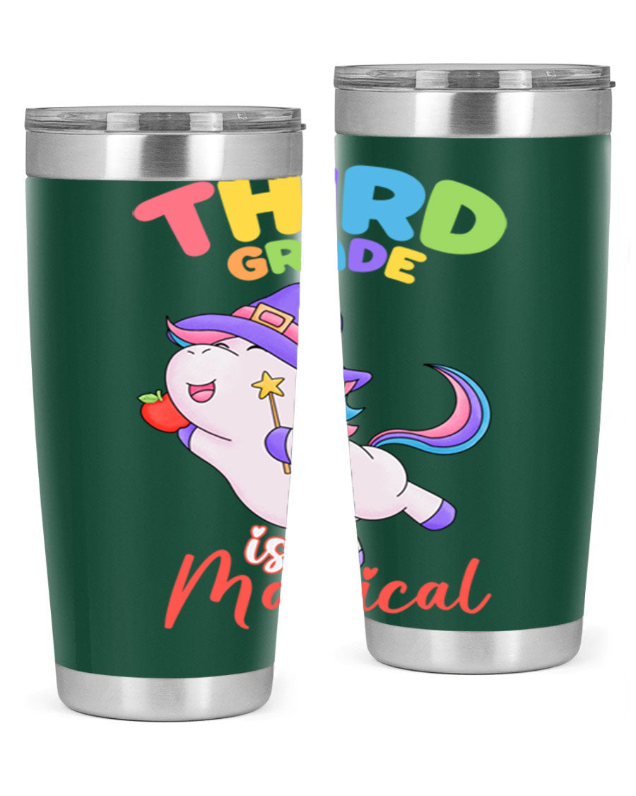 A colorful 20oz tumbler featuring a magical unicorn design, made of stainless steel with a drink-thru lid.