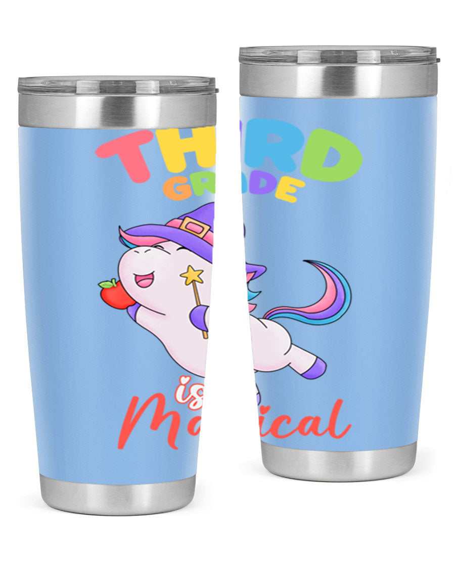 A colorful 20oz tumbler featuring a magical unicorn design, made of stainless steel with a drink-thru lid.