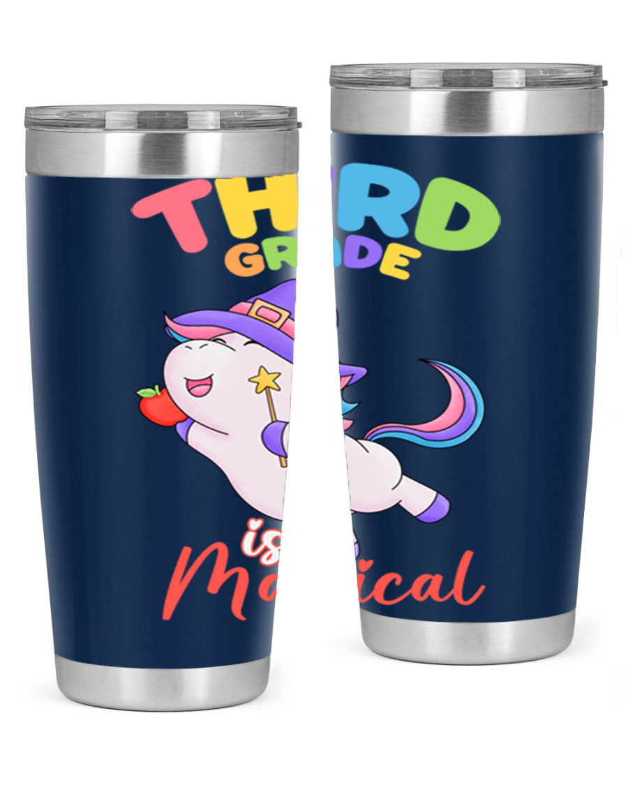A colorful 20oz tumbler featuring a magical unicorn design, made of stainless steel with a drink-thru lid.