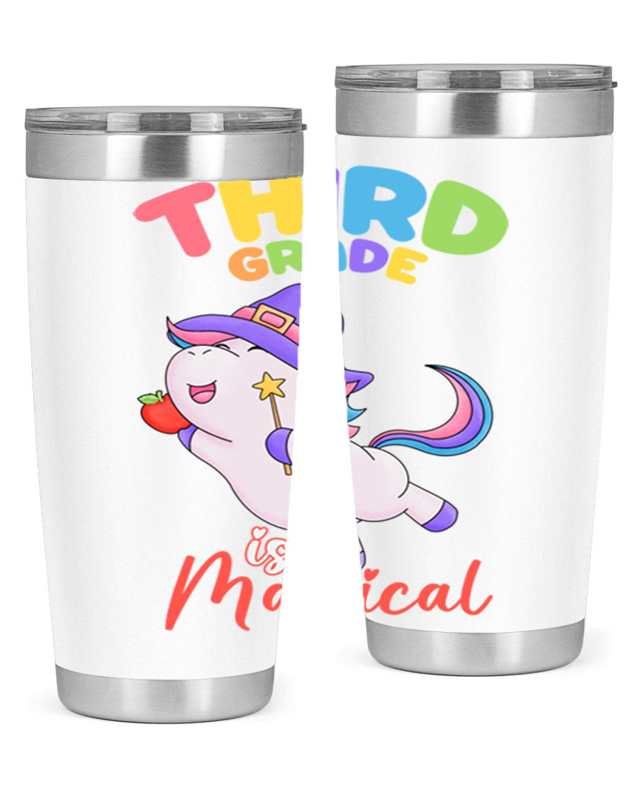 A colorful 20oz tumbler featuring a magical unicorn design, made of stainless steel with a drink-thru lid.