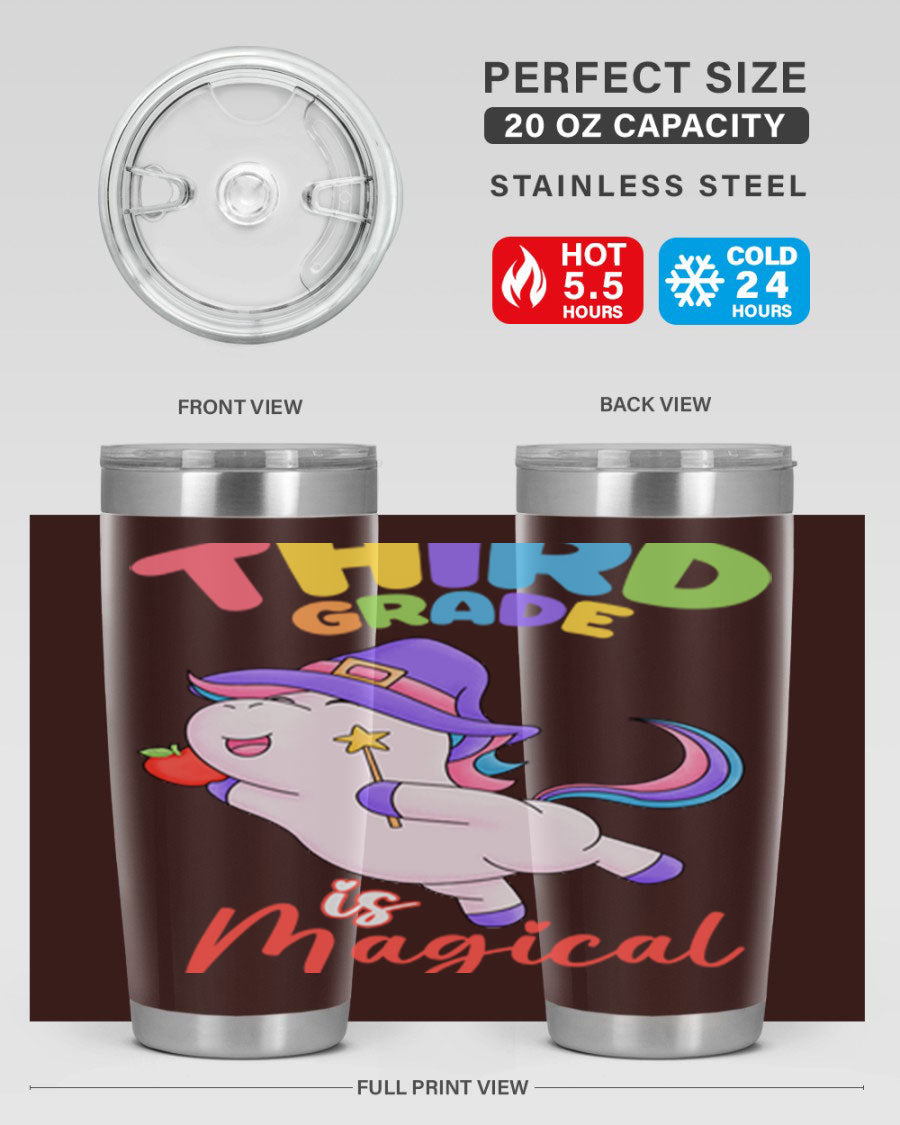 A colorful 20oz tumbler featuring a magical unicorn design, made of stainless steel with a drink-thru lid.
