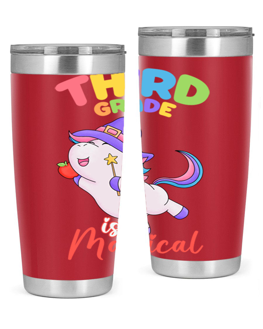 A colorful 20oz tumbler featuring a magical unicorn design, made of stainless steel with a drink-thru lid.