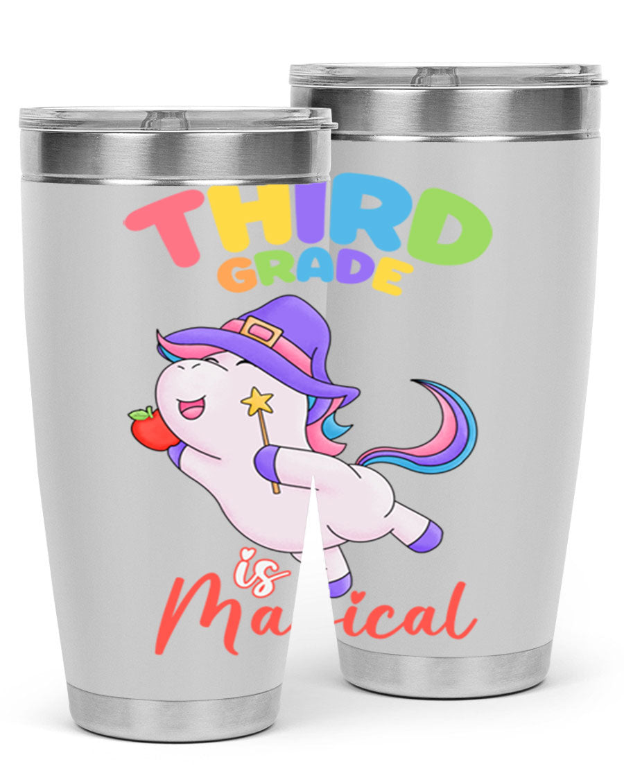 A colorful 20oz tumbler featuring a magical unicorn design, made of stainless steel with a drink-thru lid.