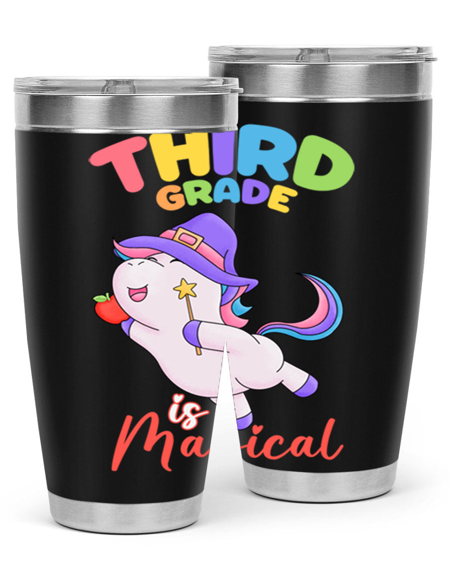 A colorful 20oz tumbler featuring a magical unicorn design, made of stainless steel with a drink-thru lid.