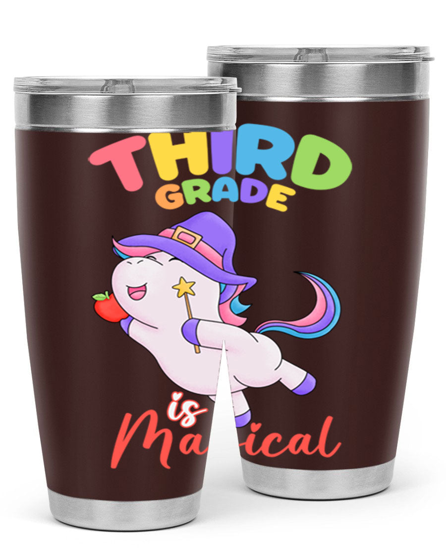 A colorful 20oz tumbler featuring a magical unicorn design, made of stainless steel with a drink-thru lid.