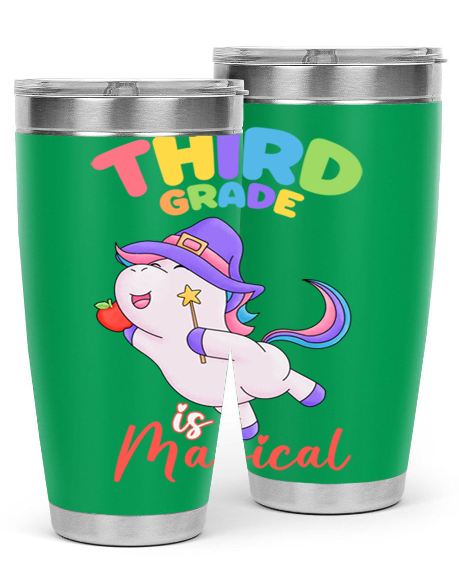 A colorful 20oz tumbler featuring a magical unicorn design, made of stainless steel with a drink-thru lid.