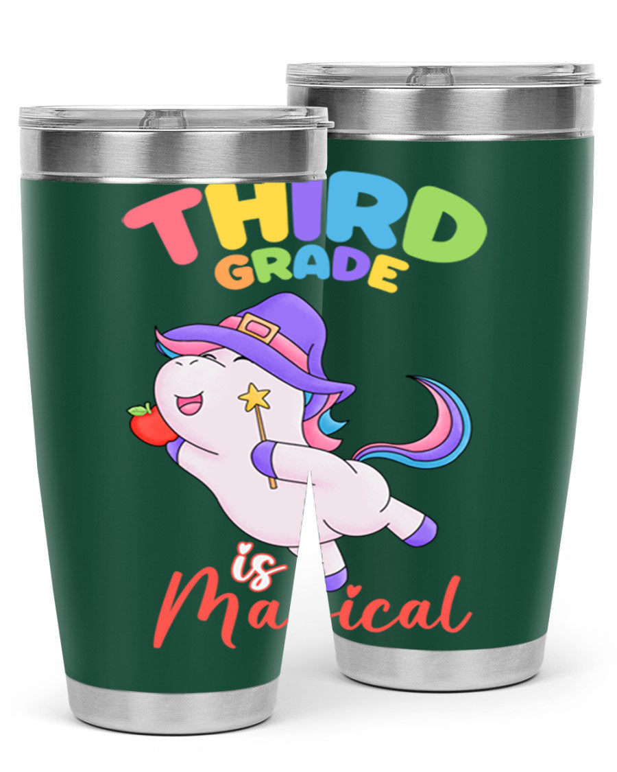 A colorful 20oz tumbler featuring a magical unicorn design, made of stainless steel with a drink-thru lid.