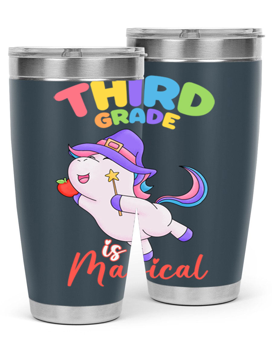 A colorful 20oz tumbler featuring a magical unicorn design, made of stainless steel with a drink-thru lid.