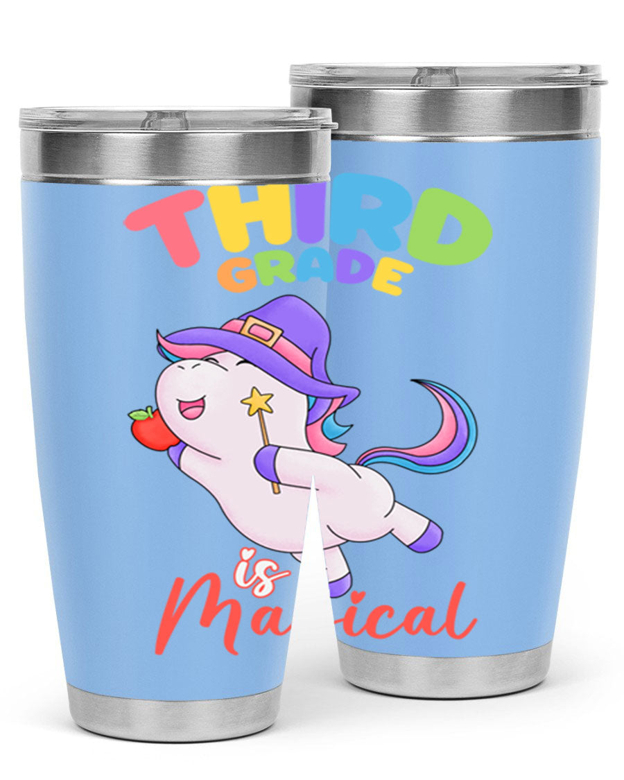 A colorful 20oz tumbler featuring a magical unicorn design, made of stainless steel with a drink-thru lid.