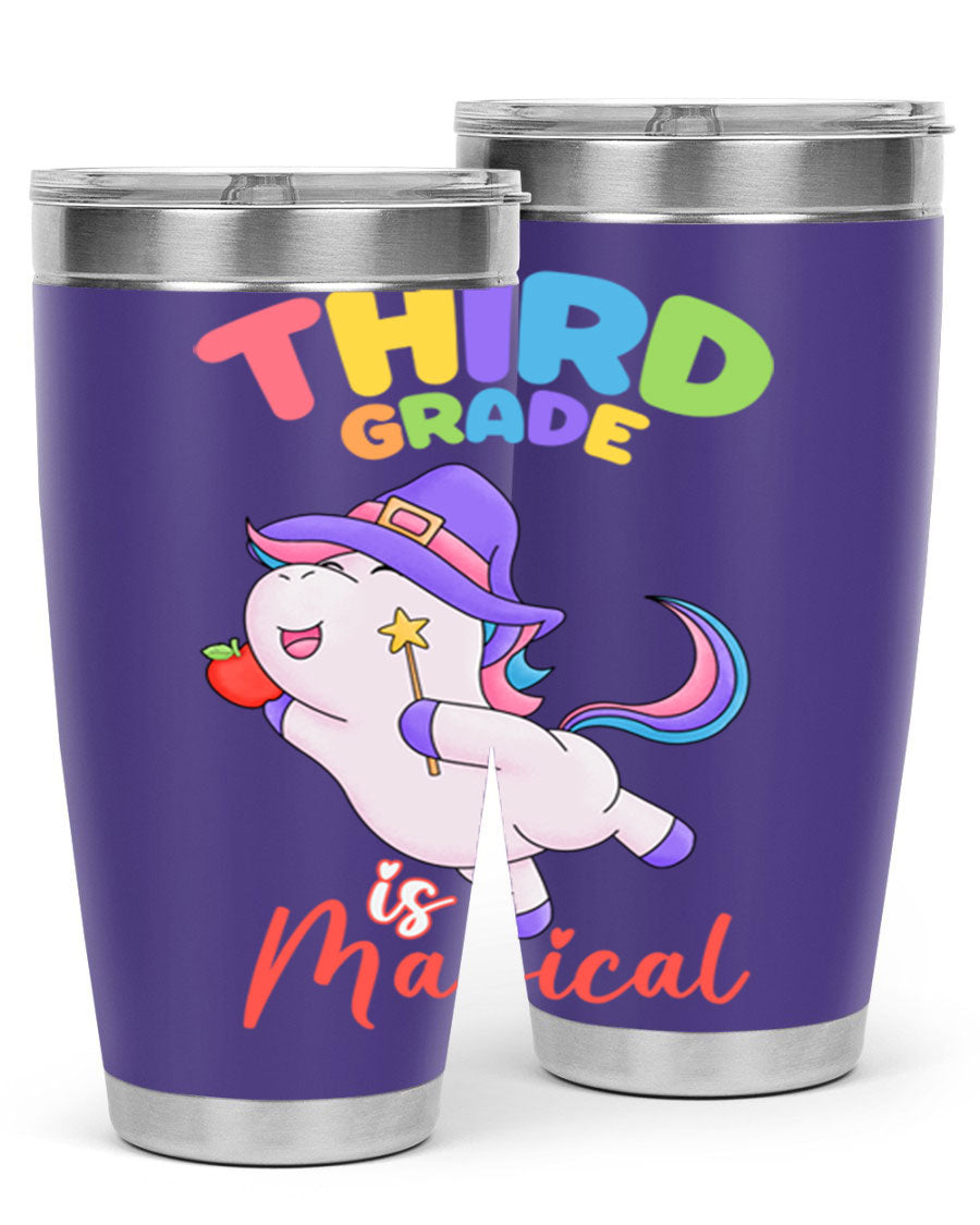 A colorful 20oz tumbler featuring a magical unicorn design, made of stainless steel with a drink-thru lid.