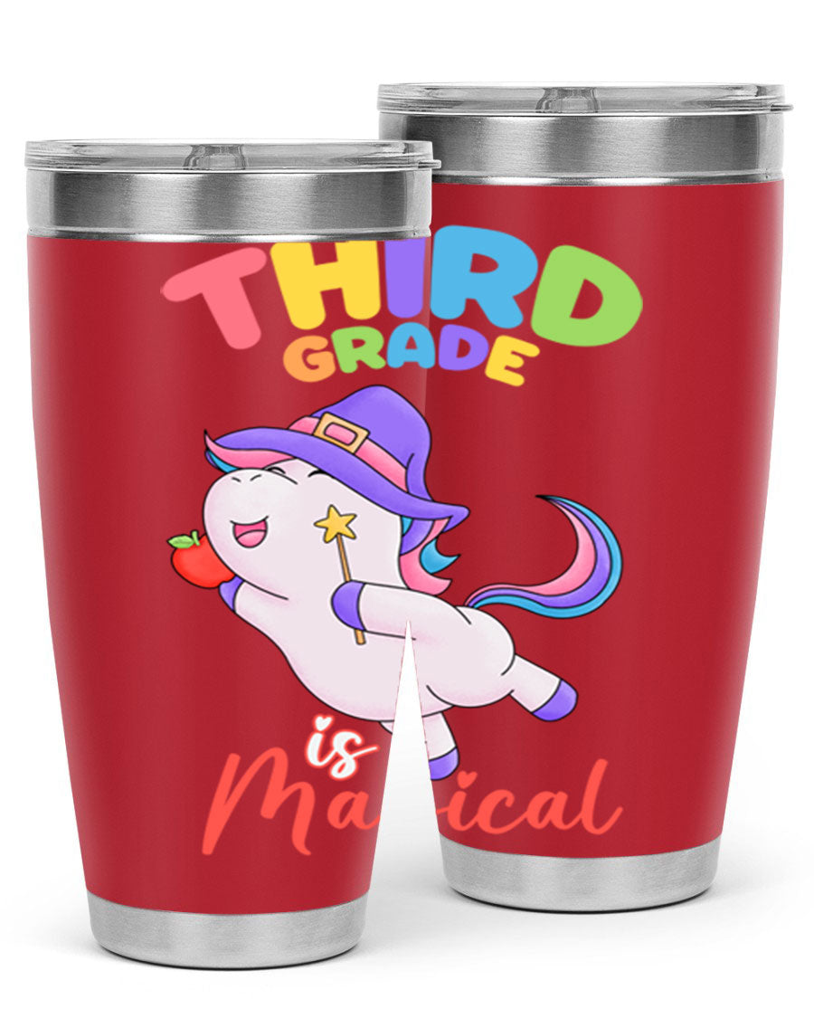 A colorful 20oz tumbler featuring a magical unicorn design, made of stainless steel with a drink-thru lid.