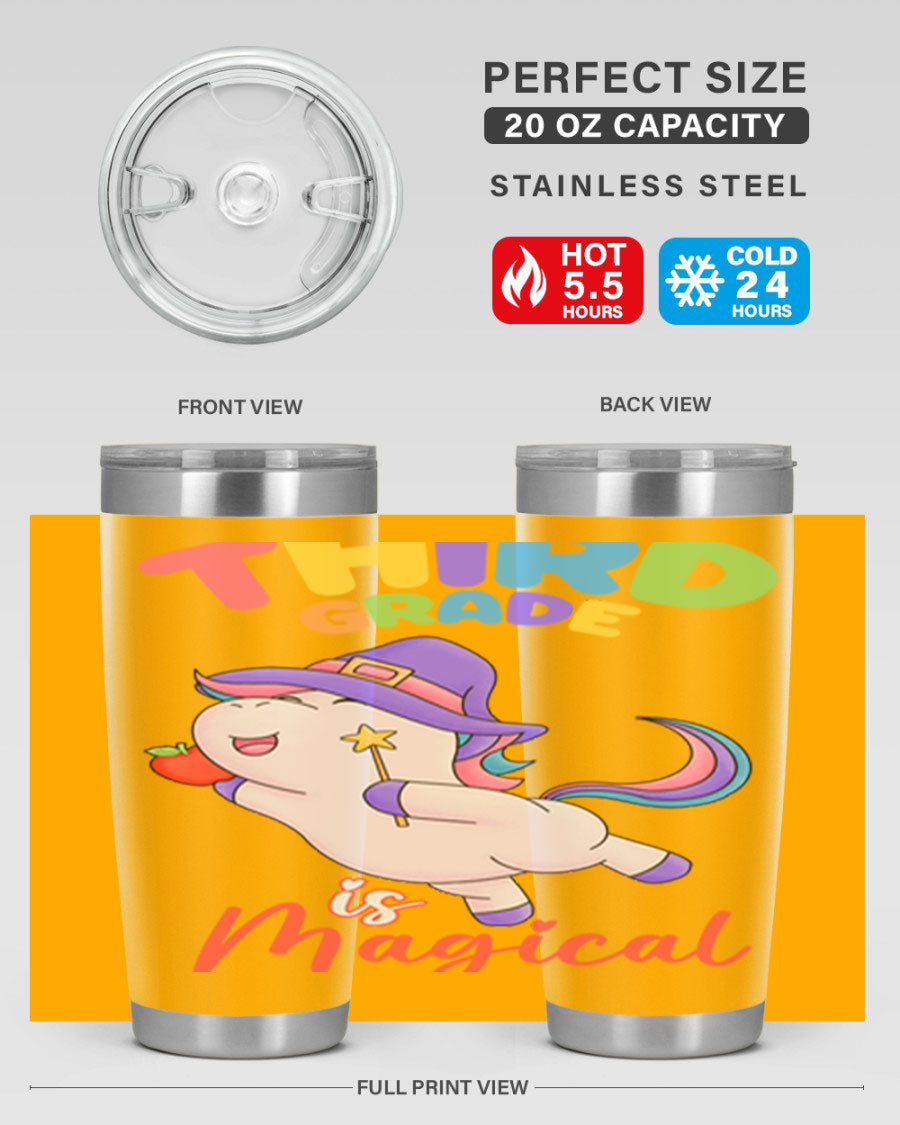 A colorful 20oz tumbler featuring a magical unicorn design, made of stainless steel with a drink-thru lid.