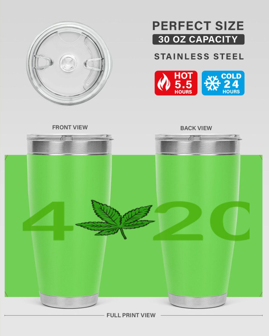 A stylish 20oz cannabis-themed tumbler made of stainless steel with a drink-thru lid, showcasing its double wall vacuum insulation.