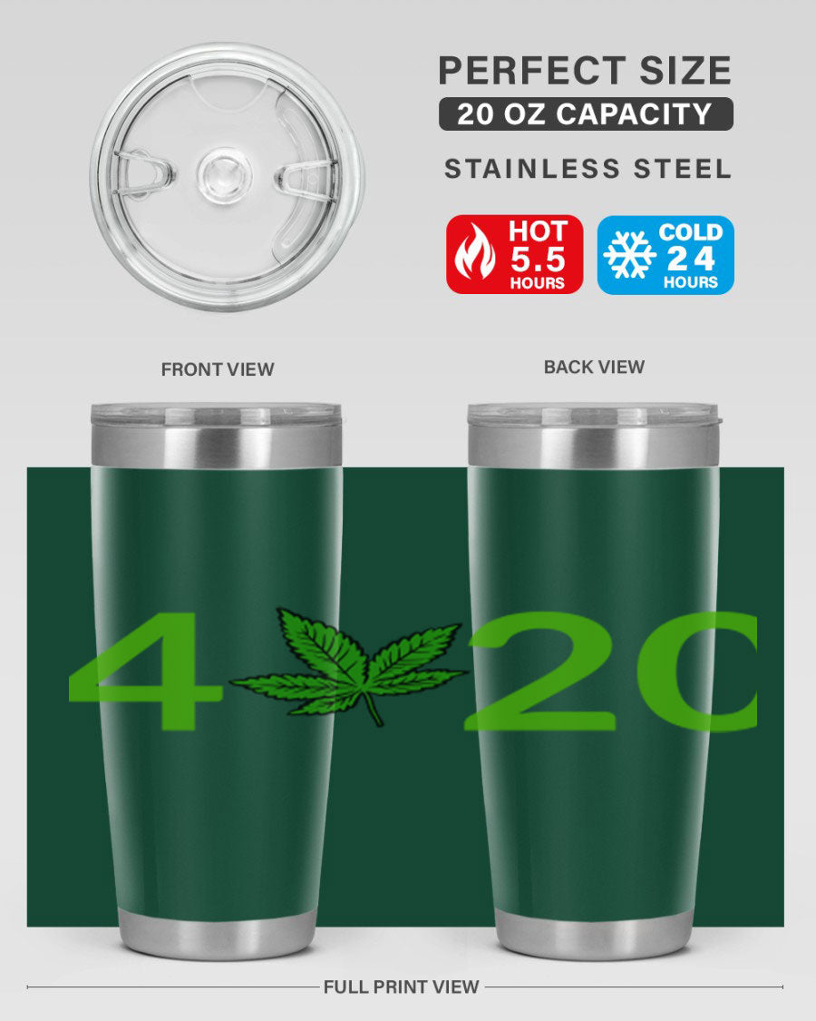 A stylish 20oz cannabis-themed tumbler made of stainless steel with a drink-thru lid, showcasing its double wall vacuum insulation.