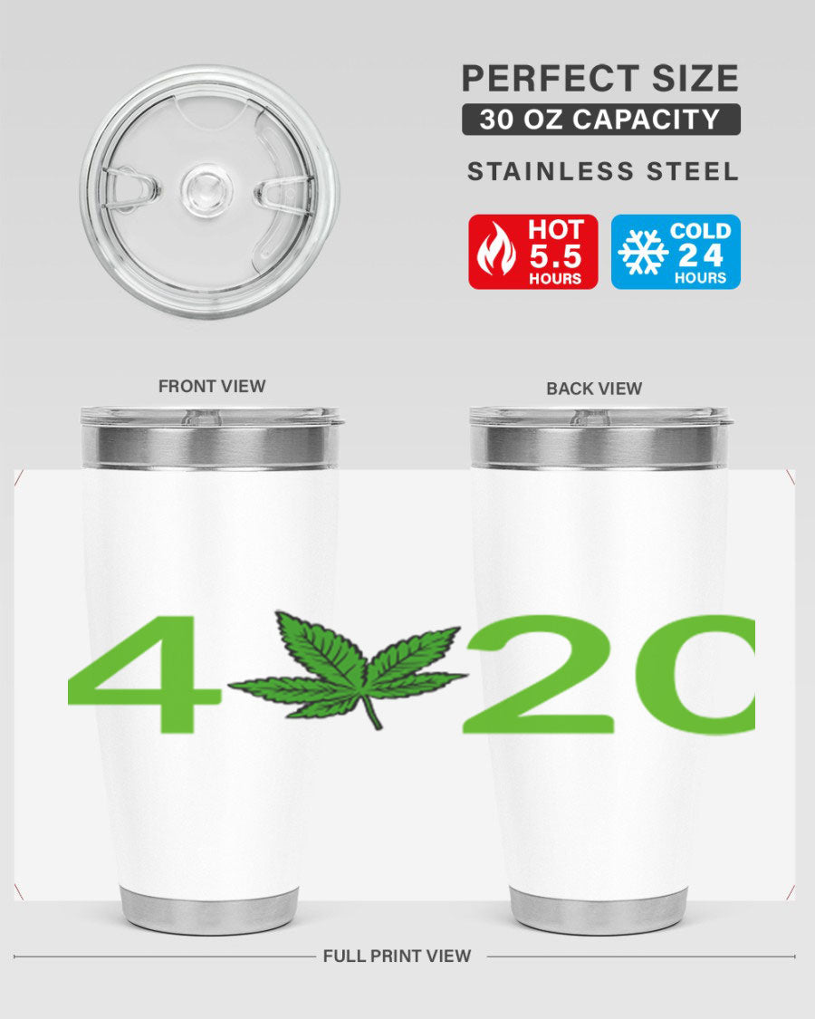 A stylish 20oz cannabis-themed tumbler made of stainless steel with a drink-thru lid, showcasing its double wall vacuum insulation.
