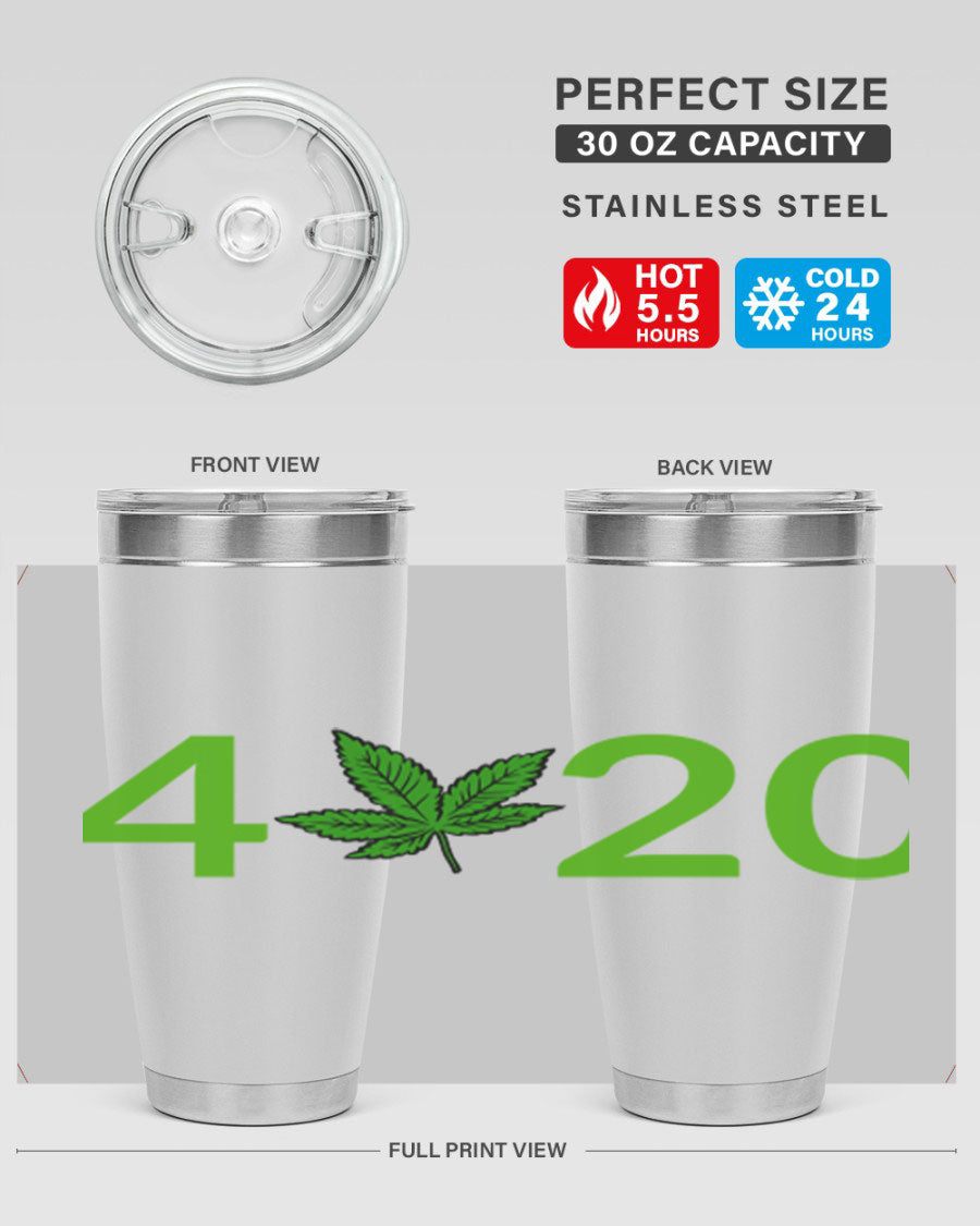 A stylish 20oz cannabis-themed tumbler made of stainless steel with a drink-thru lid, showcasing its double wall vacuum insulation.
