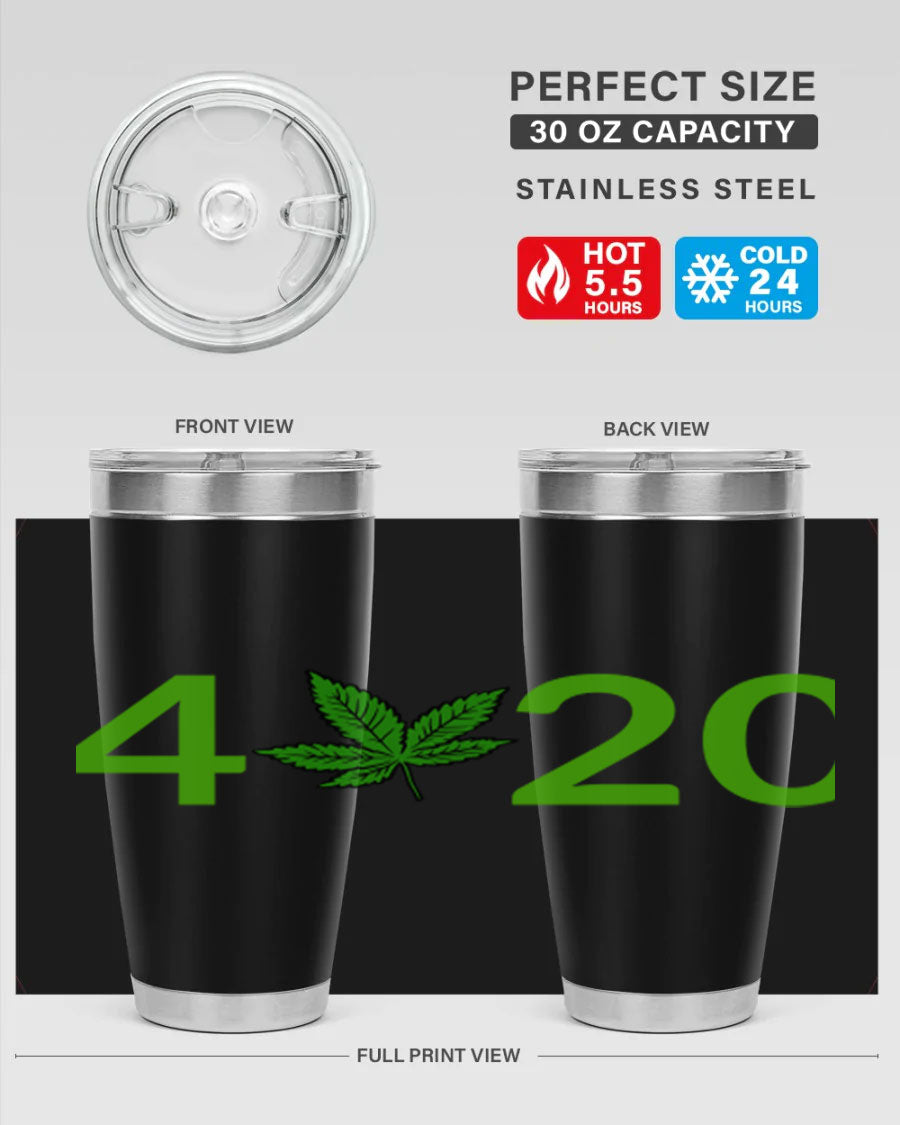 A stylish 20oz cannabis-themed tumbler made of stainless steel with a drink-thru lid, showcasing its double wall vacuum insulation.