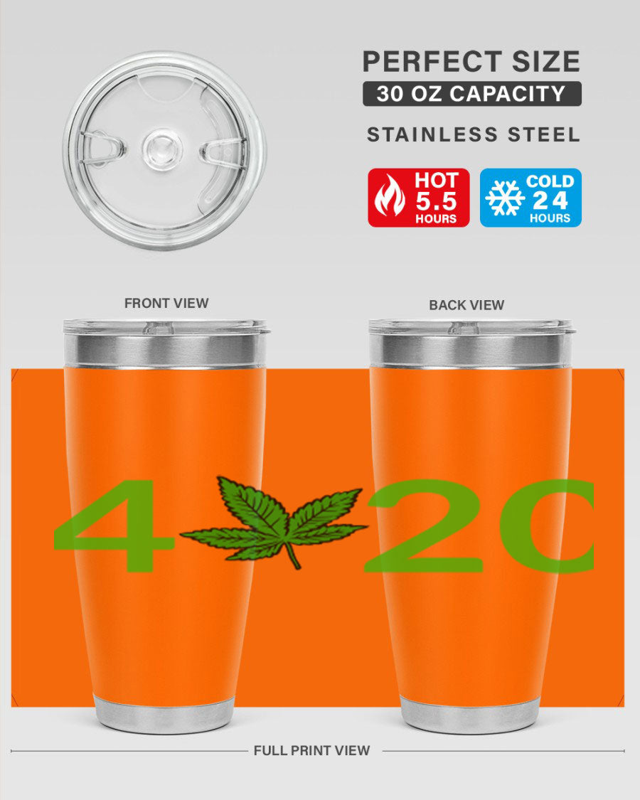 A stylish 20oz cannabis-themed tumbler made of stainless steel with a drink-thru lid, showcasing its double wall vacuum insulation.