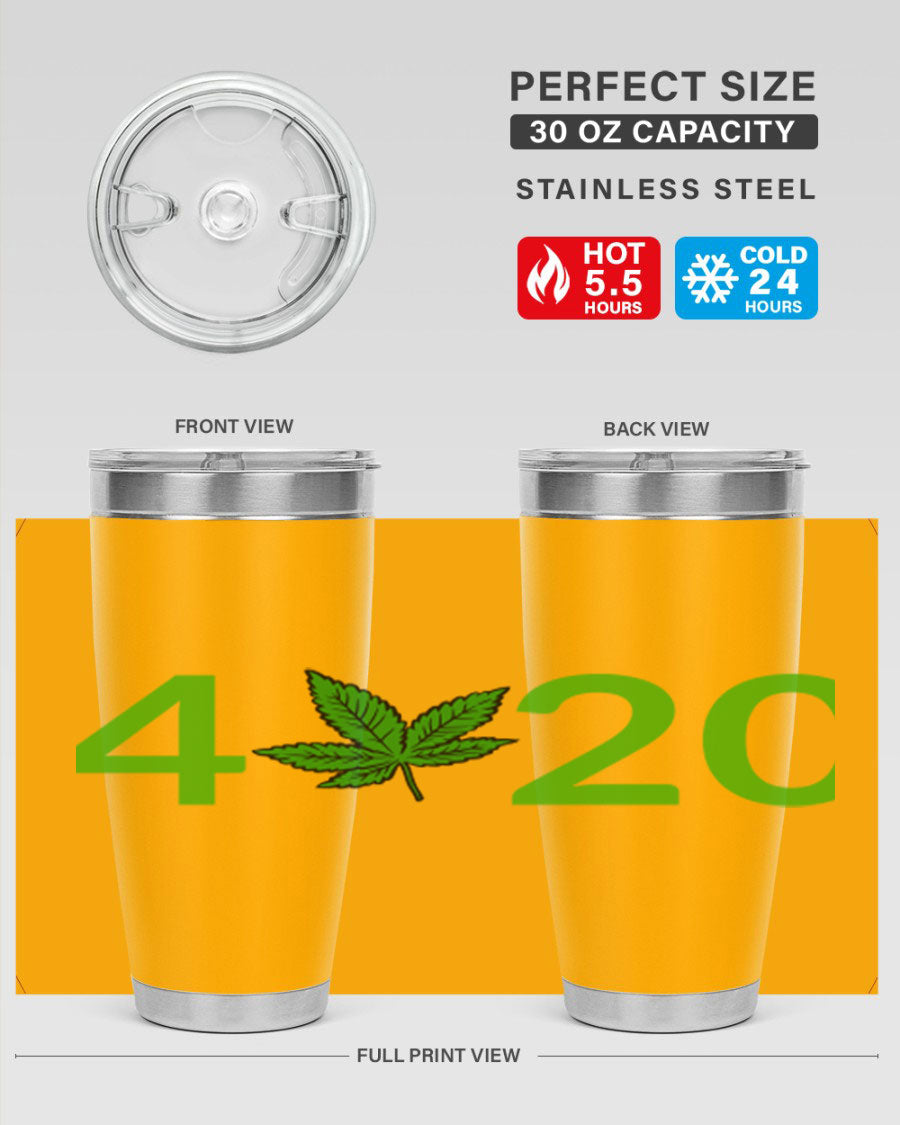 A stylish 20oz cannabis-themed tumbler made of stainless steel with a drink-thru lid, showcasing its double wall vacuum insulation.