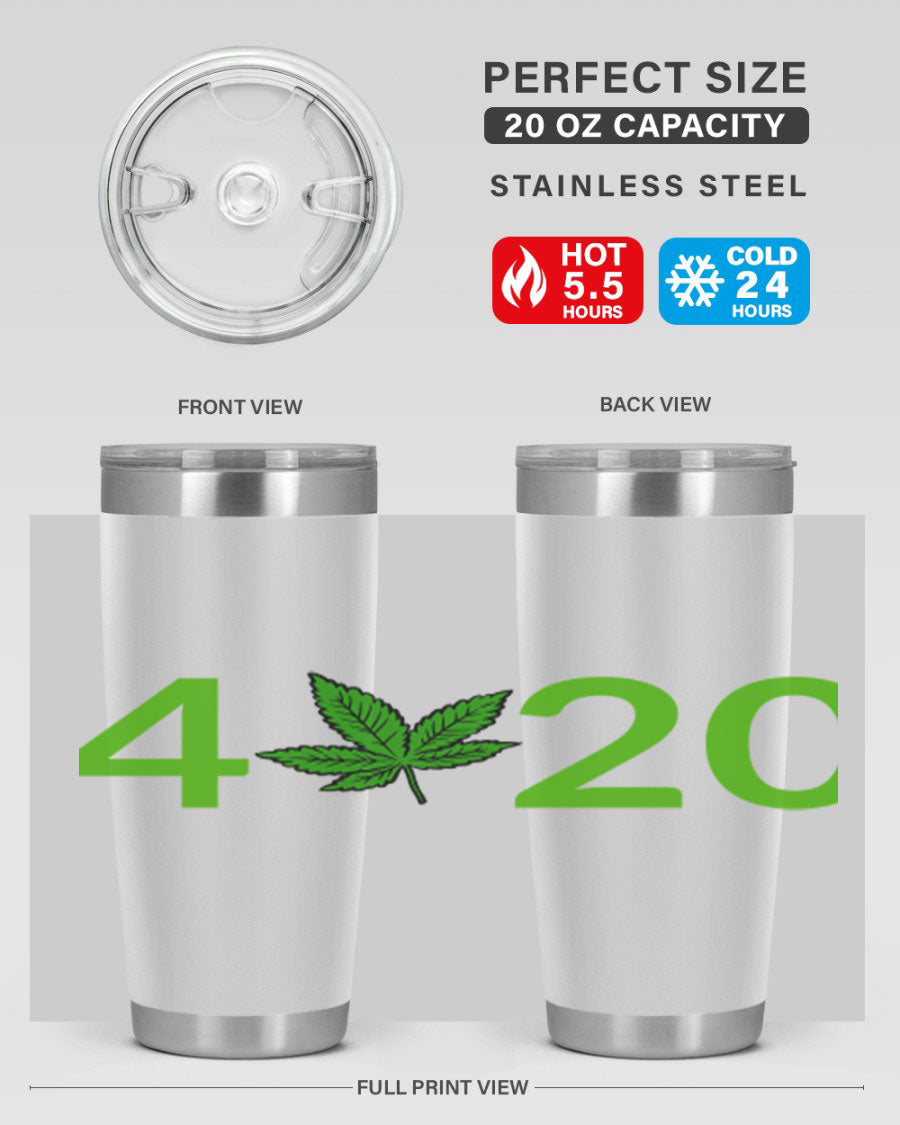 A stylish 20oz cannabis-themed tumbler made of stainless steel with a drink-thru lid, showcasing its double wall vacuum insulation.
