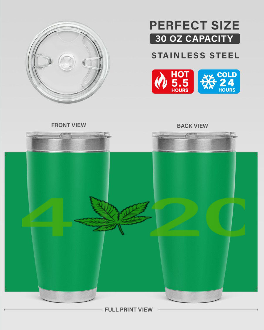 A stylish 20oz cannabis-themed tumbler made of stainless steel with a drink-thru lid, showcasing its double wall vacuum insulation.