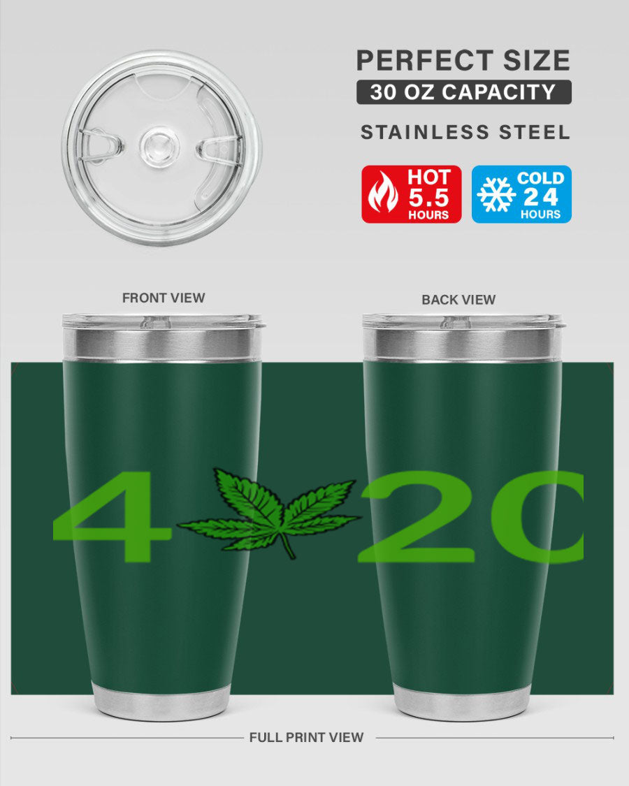 A stylish 20oz cannabis-themed tumbler made of stainless steel with a drink-thru lid, showcasing its double wall vacuum insulation.