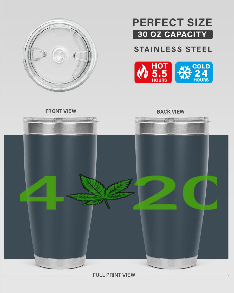A stylish 20oz cannabis-themed tumbler made of stainless steel with a drink-thru lid, showcasing its double wall vacuum insulation.
