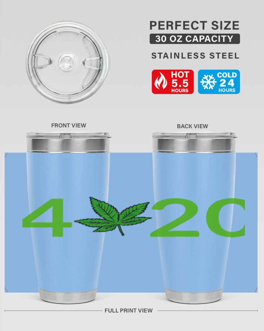 A stylish 20oz cannabis-themed tumbler made of stainless steel with a drink-thru lid, showcasing its double wall vacuum insulation.