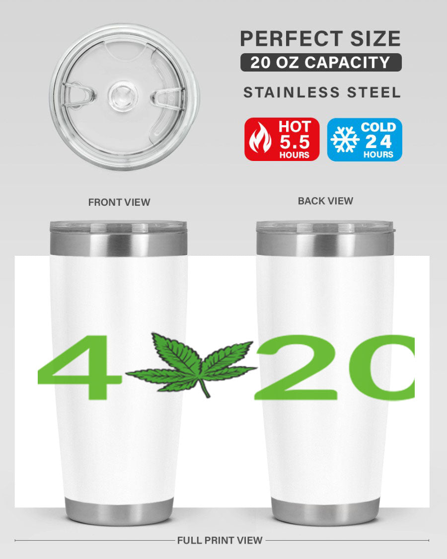 A stylish 20oz cannabis-themed tumbler made of stainless steel with a drink-thru lid, showcasing its double wall vacuum insulation.